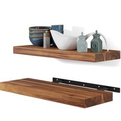 BATODA Set of 2 17" Acacia Wood Floating Shelves Wall Mounted – Rustic Farmhouse Wooden Wall Storage Shelf for Bedroom, Kitchen, Home Décor - Brackets