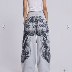 Jaded London - Women’s Grey Marl Gothic Print Baggy Monster Joggers (size small)