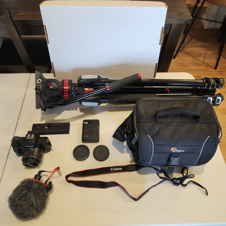 Canon EOS M50 Mark II with Rode Mic and Manfrotto Tripod + Fluid Head