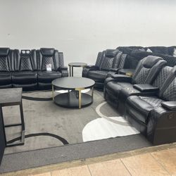 Sofa Loveseat & Chair Full Electric Recliners With Blue LED Trim, Theatre Light Headrest, Wireless Charging Stations!!!!
