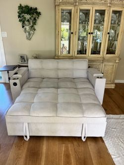 Light Ivory/ Gray Tufted Queen Sleeper Sofa with Cup Holders