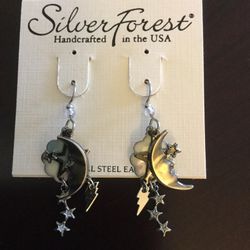 Silver Forest Stars & Moon earring / Long dangle