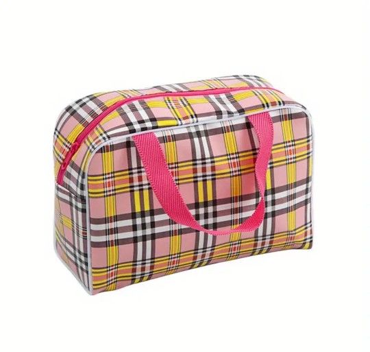Cute Pink Plaid Cosmetic Travel Bag