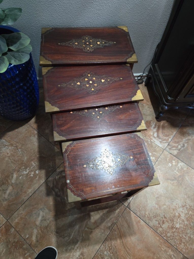 4 Nesting Hand Carved Beautiful Table Set.  Bottom. Drawer Opens Up. Rare Find Worth More.