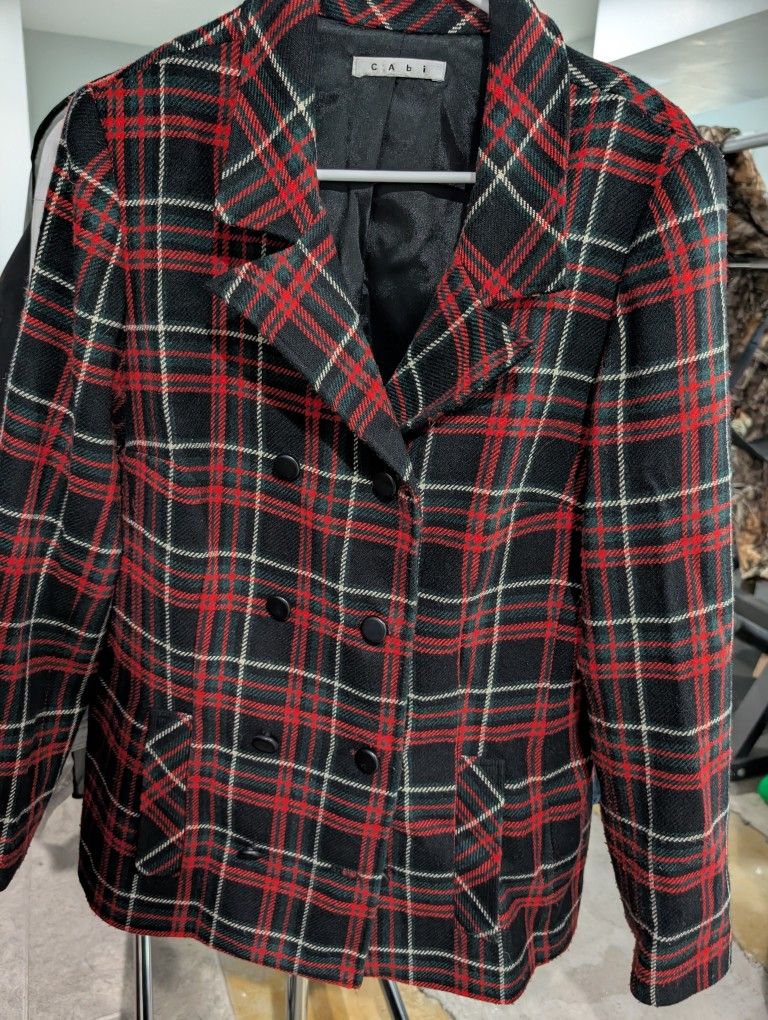 CAbi Manhattan Double Breasted Wool Blend Plaid Pea Coat Red Black Green 14