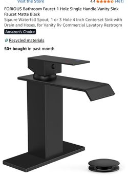 Bathroom Faucet 1 Hole Single Handle Vanity Sink Faucet Matte Black Sqaure Waterfall Spout, 1 or 3 Hole 4 Inch Centerset Sink with Drain and Hoses, fo