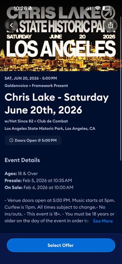 CHRIS LAKE SATURDAY TICKET 6/20/2026 $100