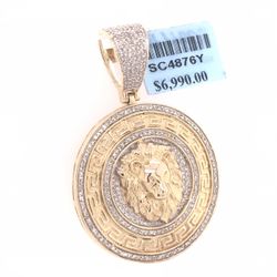 Pendant Diamond Gold 10K Lion Head Greek Border