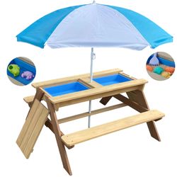 Kids 3-in-1 Sand Water Activity Table Wooden Outdoor Convertible Picnic Table