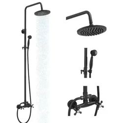 BWE 2-Spray Cross Knob Outdoor Wall Bar 8" Shower Kit w/Hand Shower, Matte Black