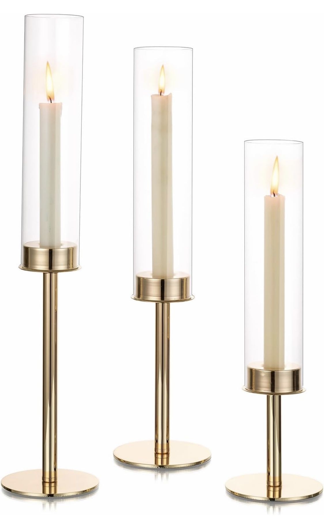 Hewory Gold Candle Holders Hurricane Candlestick Holders, 3 Pcs Brass Candle Stick Candle Holder Candelabra, Taper Candle Holders With Glass Candle Co