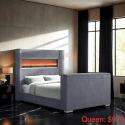 Queen Bed Frame With Fireplace And TV Lift