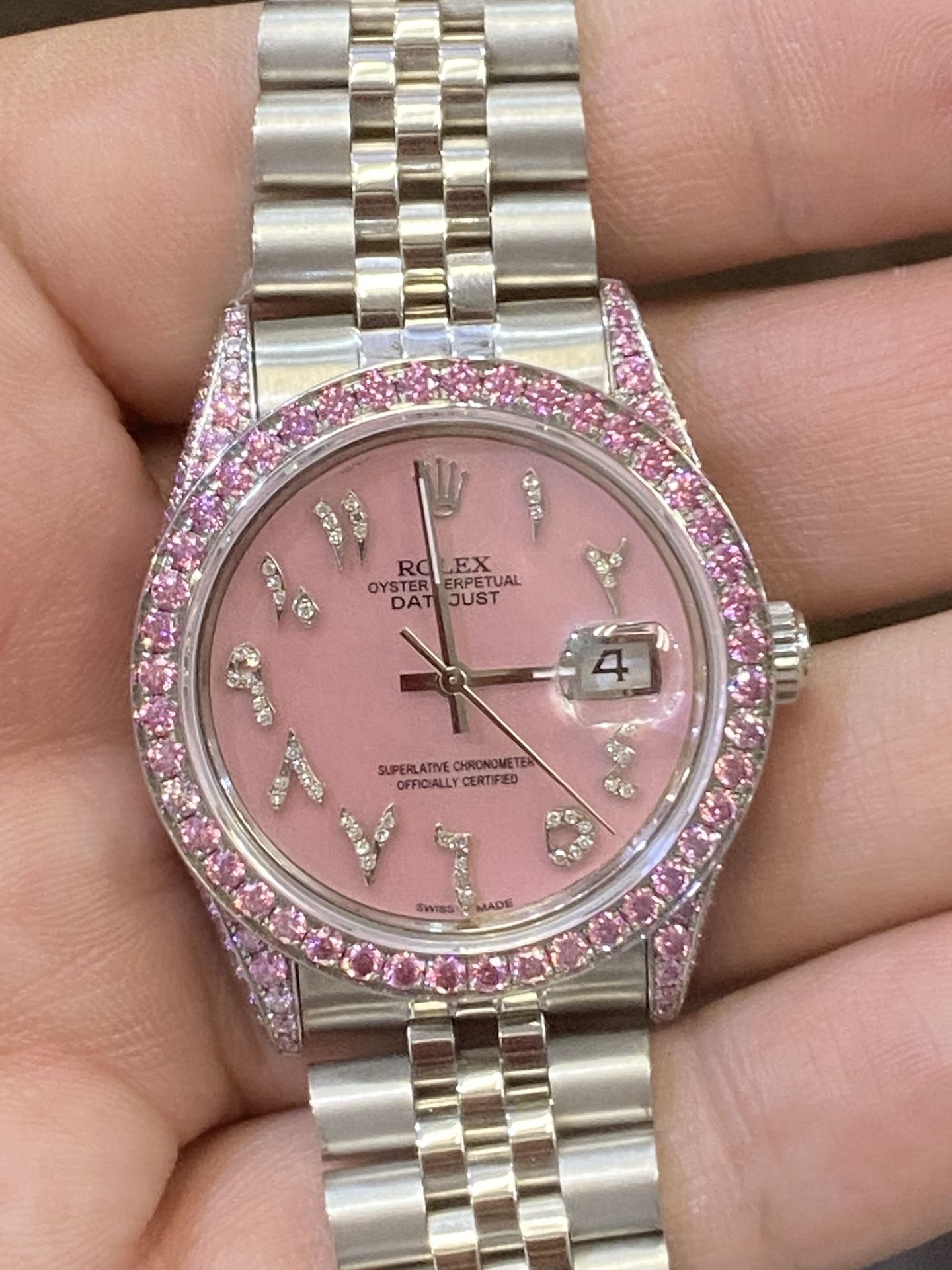Rolex Barbie Hot Pink Arabic Pearl Box Papers Buy Sale Trade Gold Silver Chains Rings Diamonds Watches Coins