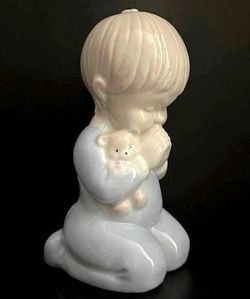 Vintage Enesco Porcelain Electric Night Light Boy Praying Holding Teddy Bear