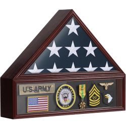 New Flag Case for 3'x5' American Flag Display Case Mahogany Wood Memorial Flag Veteran Military Medal Pins Shadow Box with Acrylic Covered and Wall Mo
