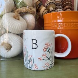 New Anthropologie Dagny Floral Mug Cup Monogram B Floral Hand Painted Ceramic White Sold Out Cottage