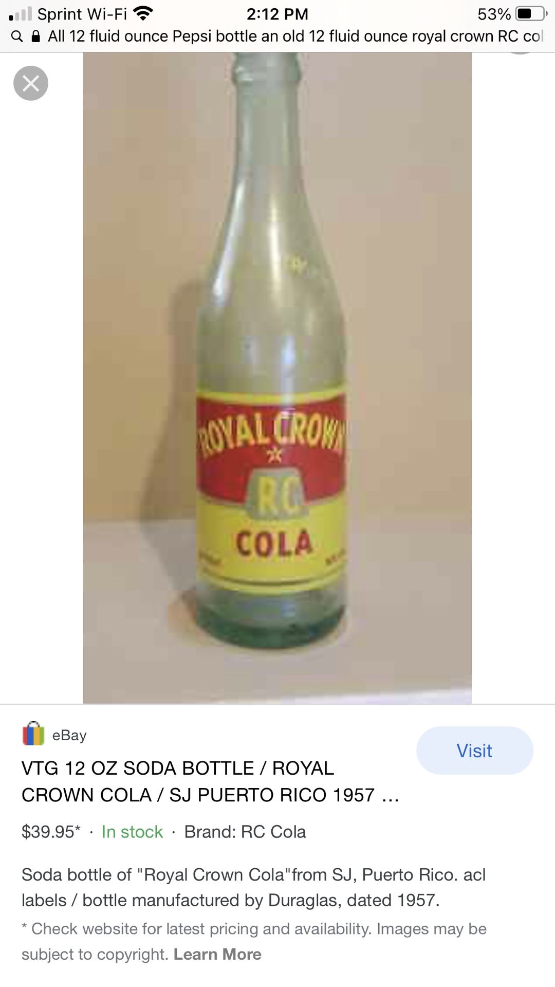 Vintage Royal Crown RC cola Bottle -$20.00