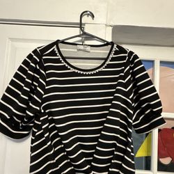 Black and White Striped Top with Pearl Embellishment