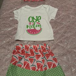 Baby's "One In A Melon" Print 2pcs Casual Summer Outfit, T-shirt & Headband & Watermelon Pattern Skirt Set, Toddler & Infant Girl's Clothes 