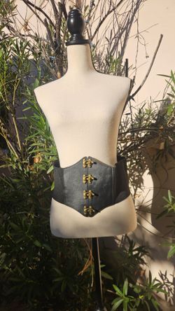 Black Wide Faux Leather Waist Belt with Gold Clasps/Studs