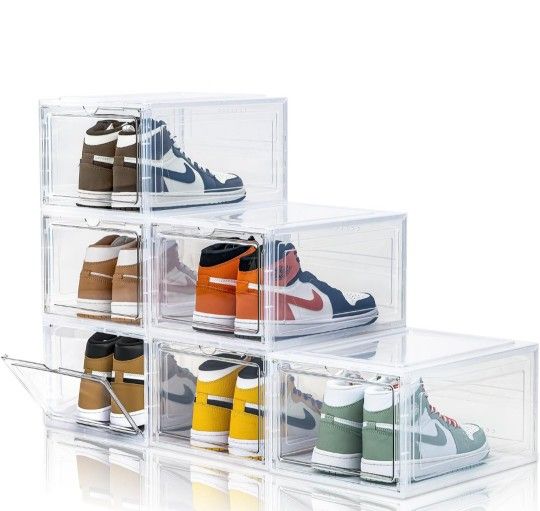 Upgraded X-Large 6 Pack Clear Shoe Storage Organizer,Stackable Shoe Rack for Closet,Plastic Shoe Boxes with Magnetic Door,Shoe Containers For Sneaker 