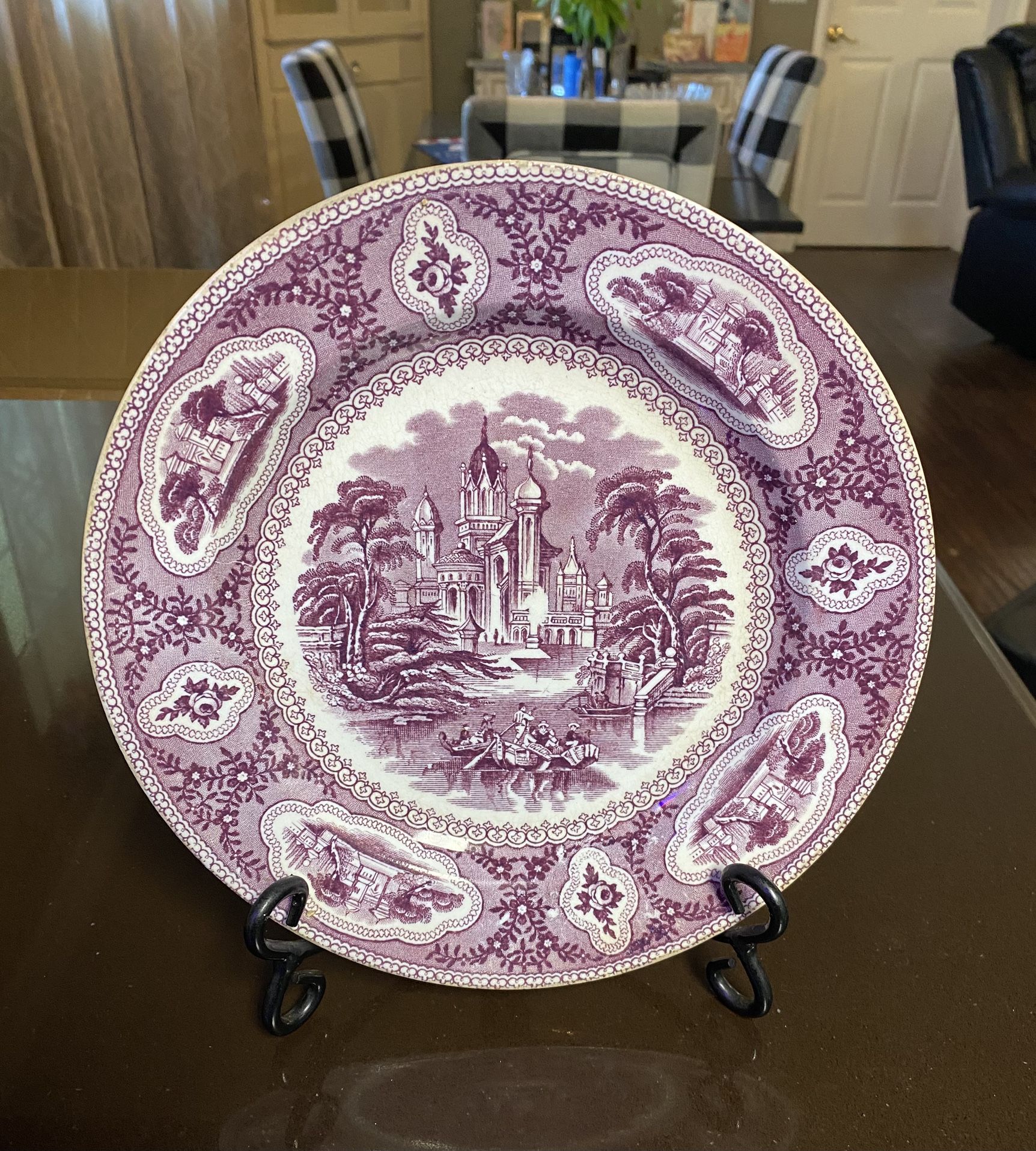 Antique Mulberry Staffordshire Transfer Ware 10" Plate Baronial Pattern