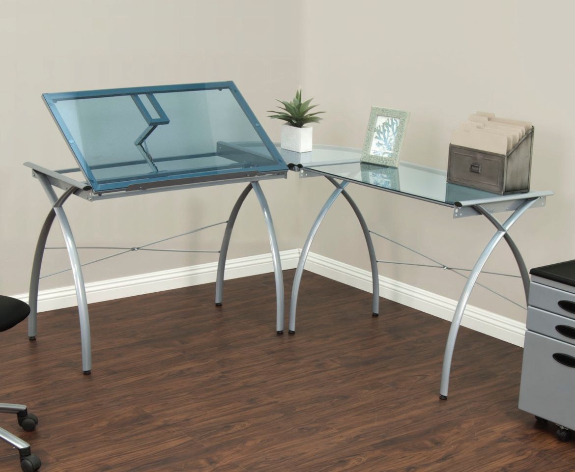 L-shaped Glass And Metal Drafting Desk