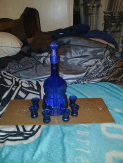 Germany Cobalt Blue Glass German Violin Liquor/Wine Decanter and Coblat blue shot glasses