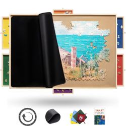1500 Pieces Rotating Puzzle Board Pro, 35" x 26" with Drawers, Rubber Cover Mat, 360° Lasy Susan, Sort-Wise Colorful Felt Drawers & 4 Trays, Wooden Ji