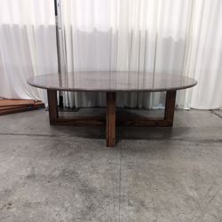 Round Rose Granite Coffee Table with Wood Base