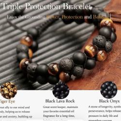 1pc, Triple Protection Bracelet(6.5"-11"), Handmade Bead Bracelet ,Premium Tiger Eye Black Onyx And Lava Rock, Creative Small Gifts, Holiday Accessori