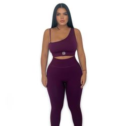 Purple Women Seamless Scrunch Leggings Set Gym Activewear Yoga Workout