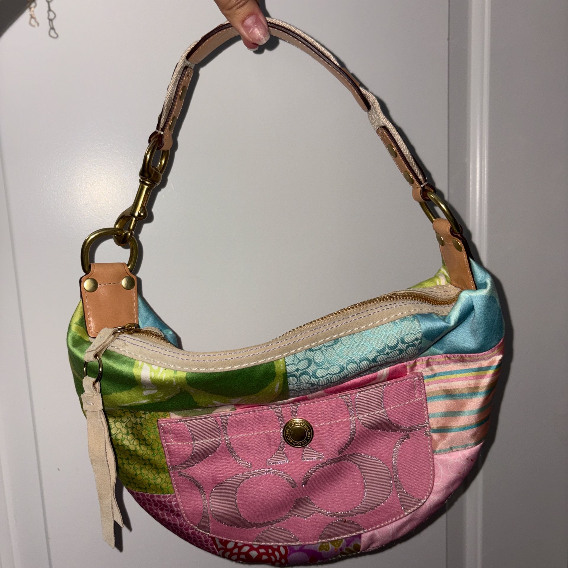 Coach 80s patchwork hobo shoulder bag in pink and green coach with dust bag