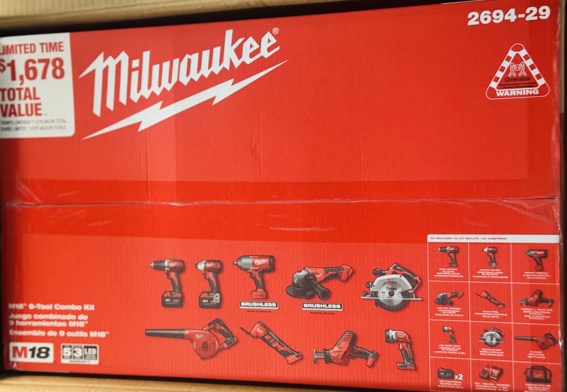 MILWAUKEE M18 18-Volt Lithium-lon Cordless Combo Kit (9-Tool) with (2) Batteries, Charger, and Tool Bag