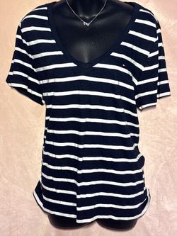 Tommy Hilfiger Women's Black & White Striped V-Neck Short Sleeve T-Shirt with Logo