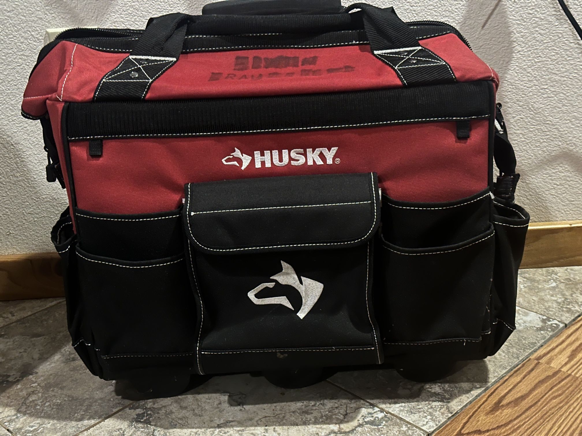 Husky 18 in. Rolling Tool Tote Bag Heavy Duty with Telescoping Handle 18 Pockets