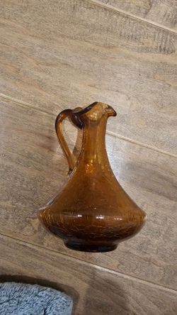 Amber Crackle Glass Pitcher Vase