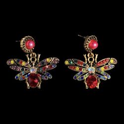 Gold Tone Rhinestone Bee Earrings | Multicolor Crystal Wings | Red Stone Drop