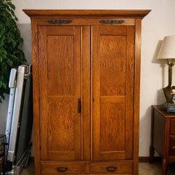 Antique Solid Oak armoire with glass shelving