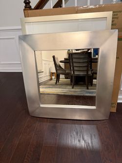 Modern Square 35  1/2” Square Wall Mirror With Wide  Brushed Silver Frame