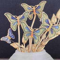  24k gold-plated Matashi butterfly and flower figurine in a frosted glass vase. 