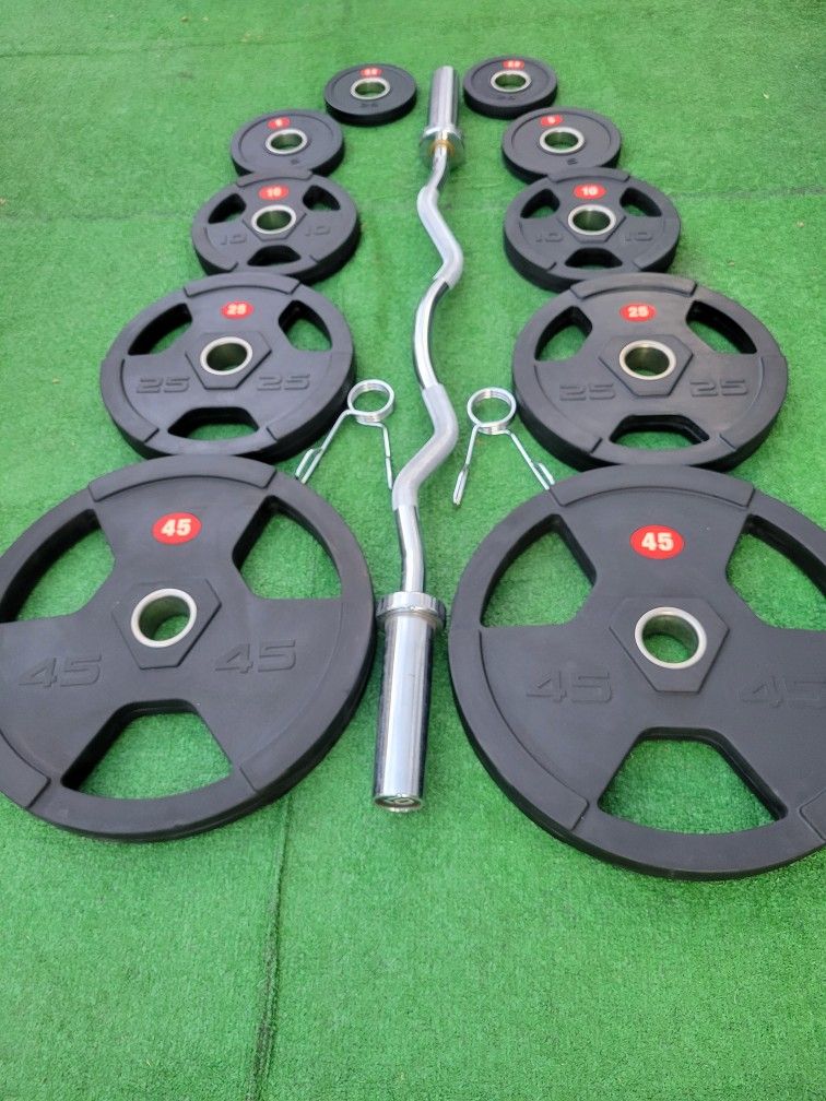 WEIGHTS SET AND 4FT CURLED BARBELL