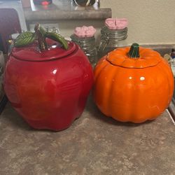 2 Ceramic Cookie Jars, Apple And Pumpkin Containers,  