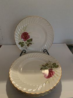 Vintage Ridgeway Ironstone Plates  Anniversary Rose Pink Floral Gold Rim England Set Of 4