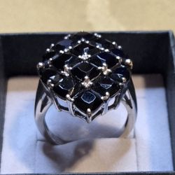 Genuine Cushion Cut Black Spinel Cluster Ring in .925 Sterling Silver. Size 7.
