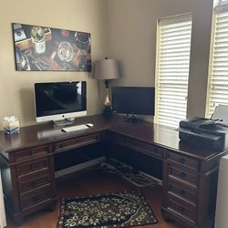 WOOD L SHAPE DESK with drawers/2 TALL BOOK SHELVES 