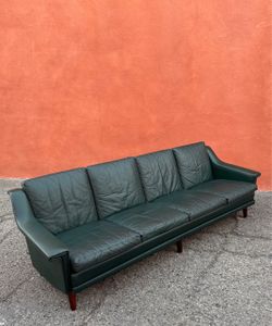 Vintage 1960s Mid Century Modern Dark Green Leather Couch Sofa Aage Christensen Style