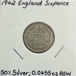 1942 England Silver Sixpence Coin