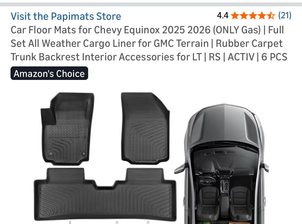 Car Floor All Weather 3 Piece Mat set for 2025 2026 Chevy Equinox (ONLY Gas) & GM Terrain