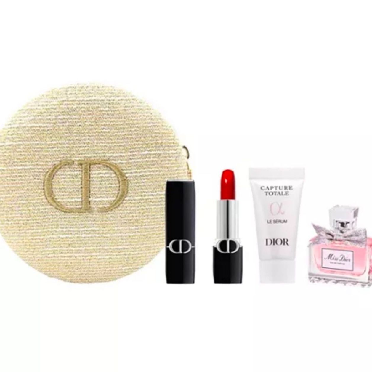 New DIOR Rouge Dior Satin Lipstick in 080 Red Smile (0.05 oz.), Prestige Le Micro-Sérum de Rose Yeux Advanced Eye Serum (0.1 oz.) and J'adore Perfume